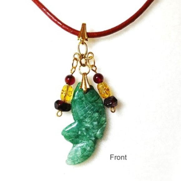 Collar Genuine Green Jade FISH Garnet Leather Cord - Picture 4 of 10